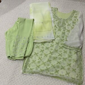 Elegant Green Embroidered georgette Suit Set. Green silk thread&sequence work.